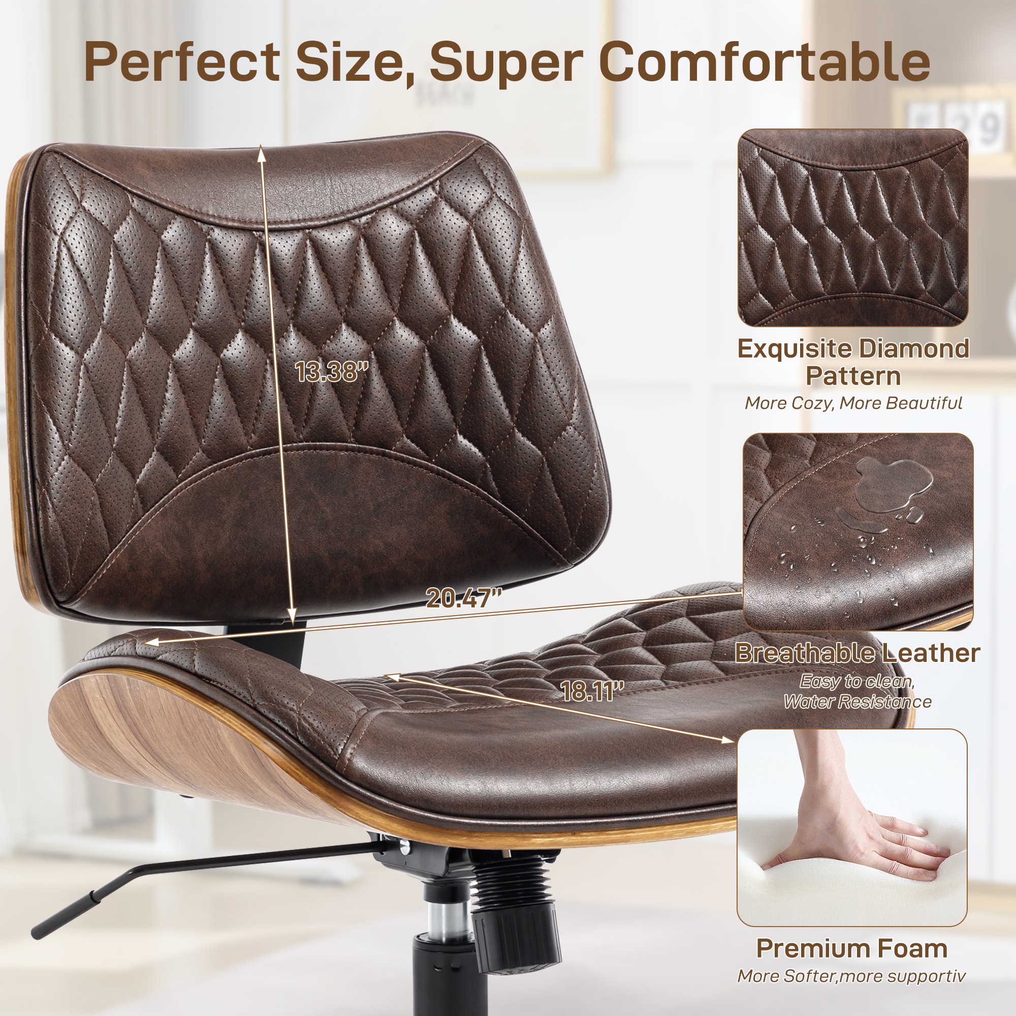 Armless Office Chair With Wheels, Adjustable Height Mid Back Small Desk Chair, Modern Walnut Bentwood Back, PU Leather Swivel Rolling Computer Task Chair For Home Office, Meeting Room, Study, Set Of 1_voghion.com